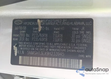 2009 Hyundai Santa Fe Se/Limited z USA, uszkodzony, nr VIN 5NMSH13EX9H233945